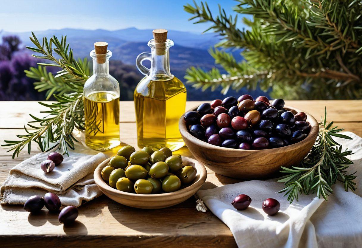 A rustic wooden table laden with vibrant Mediterranean olives in various colors and sizes, surrounded by fresh herbs like rosemary and thyme. A sun-drenched background featuring olive trees and a blue sky, hinting at rich, fertile lands. Include a glass of olive oil and a sprig of garlic, accentuating the culinary aspect. The scene conveys health and freshness. super-realistic. vibrant colors. natural light.