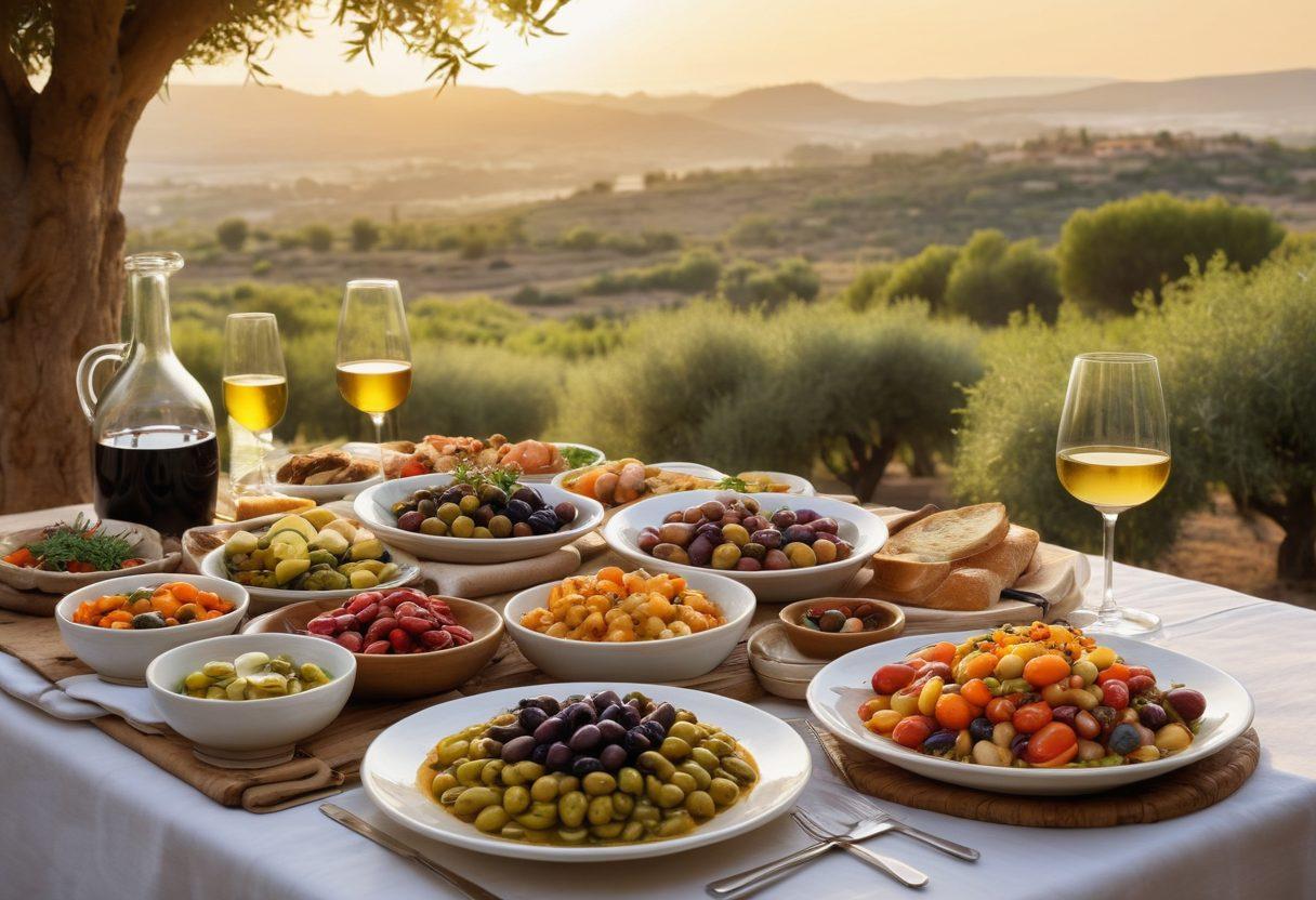 A beautifully arranged table overflowing with Mediterranean dishes featuring olives, olive oil, fresh herbs, and vibrant vegetables, set against a backdrop of a lush olive grove under a golden sunset. The scene captures the essence of Mediterranean cuisine, highlighting textures and colors that evoke warmth and flavor. Add artisanal bread and a glass of wine to enhance the gourmet experience. super-realistic. vibrant colors. warm lighting.